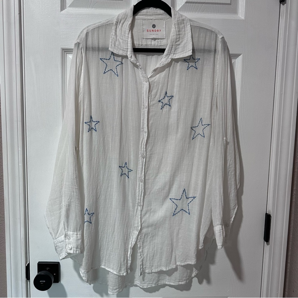 Sundry White Button Down with Embroidered Blue Stars